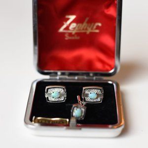 Rare Mid-Century Opal And Silver Cufflinks and Tie Lapel Set | Original Box